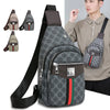 A gray patterned crossbody sling bag for men shown with multiple views and a model wearing it.