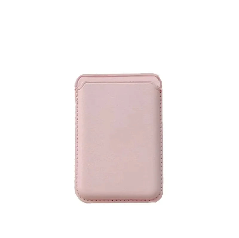 A pink leather wallet case designed for MagSafe compatibility.
