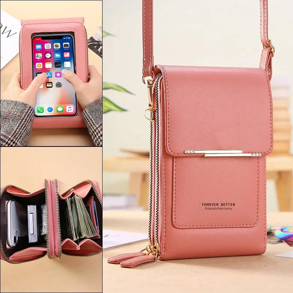A pink women's touch screen crossbody shoulder bag shown with a close-up of the interior and an external view.