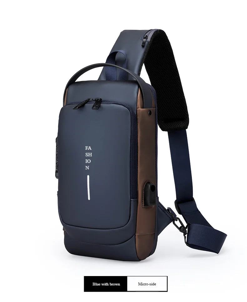 Navy blue anti-theft crossbody chest bag with brown accents shown from the side.