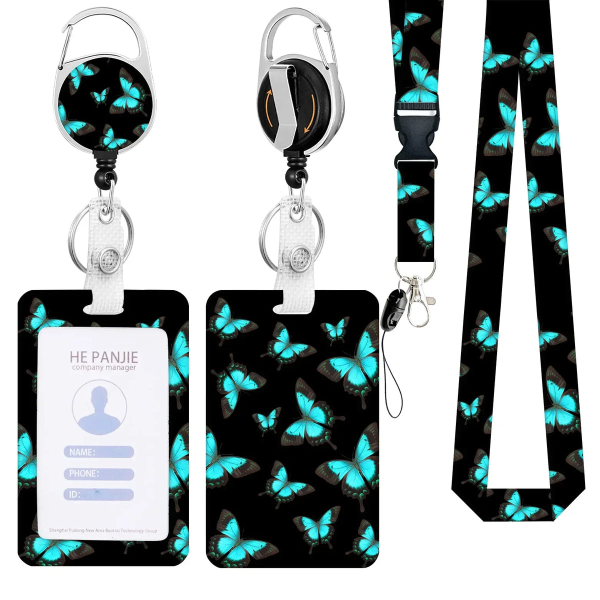 A black badge reel with a silver clip and a teal butterfly design attached to a black lanyard.