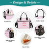 Design and details of a pink insulated multifunctional picnic lunch bag showing various features like pockets and handle