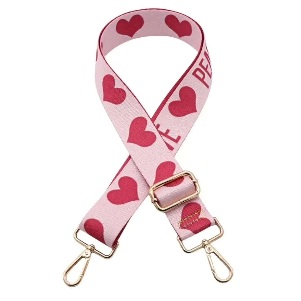 Pink heart-patterned adjustable nylon bag strap for purses and luggage