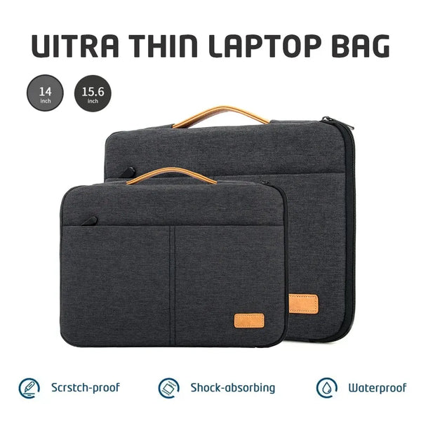 A dark gray ultra thin laptop bag shown with specifications 14 and 15.6 inches, featuring scratch-proof, shock-absorbing, and