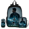 Schwarzer Rucksack mit Bildern von Lionel Messi beim Fußballspielen.