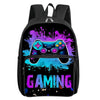 A black backpack featuring a vibrant purple and blue paint splatter design with a glowing game controller graphic.