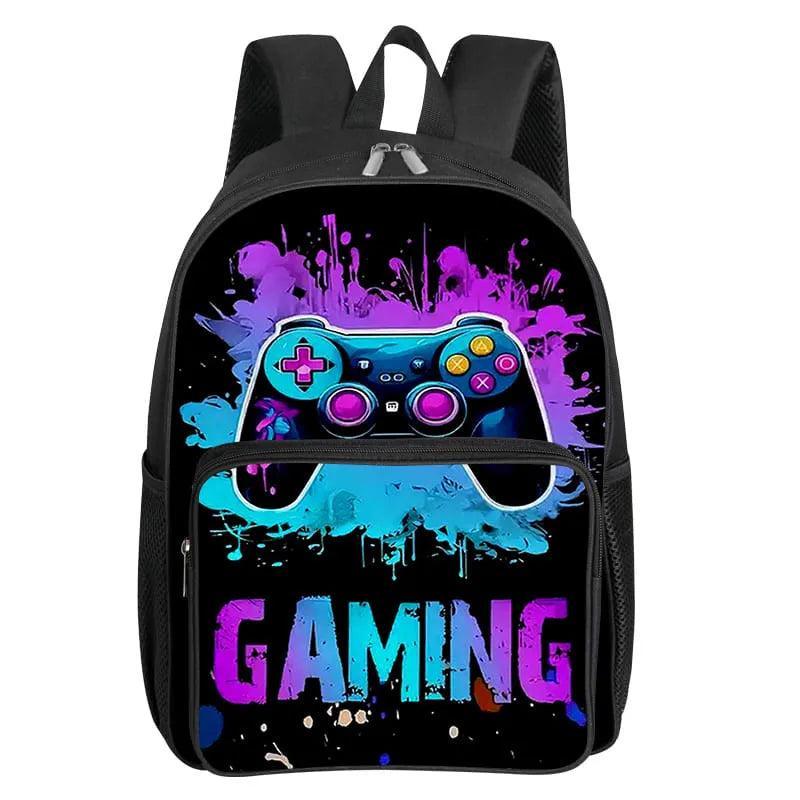 A black backpack featuring a vibrant purple and blue paint splatter design with a glowing game controller graphic.
