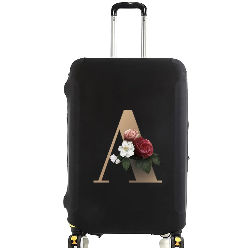 Black premium elastic luggage protective cover with a gold letter A design