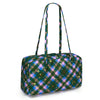 A leopard print nylon shoulder tote bag featuring a plaid pattern in shades of green, blue, and pink.