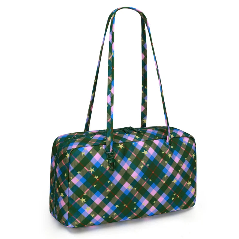 A leopard print nylon shoulder tote bag featuring a plaid pattern in shades of green, blue, and pink.