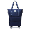Pochette de voyage multi-usage bleu marine extensible avec poignée et roues.