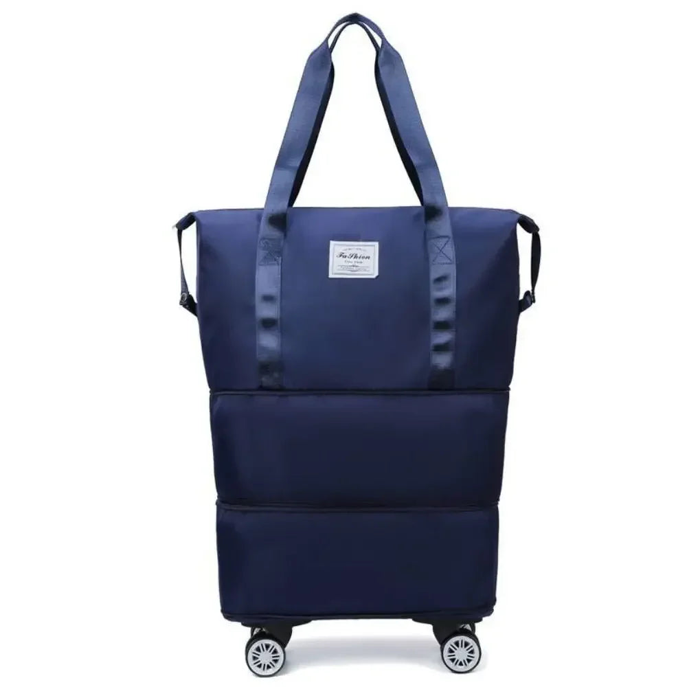 Pochette de voyage multi-usage bleu marine extensible avec poignée et roues.