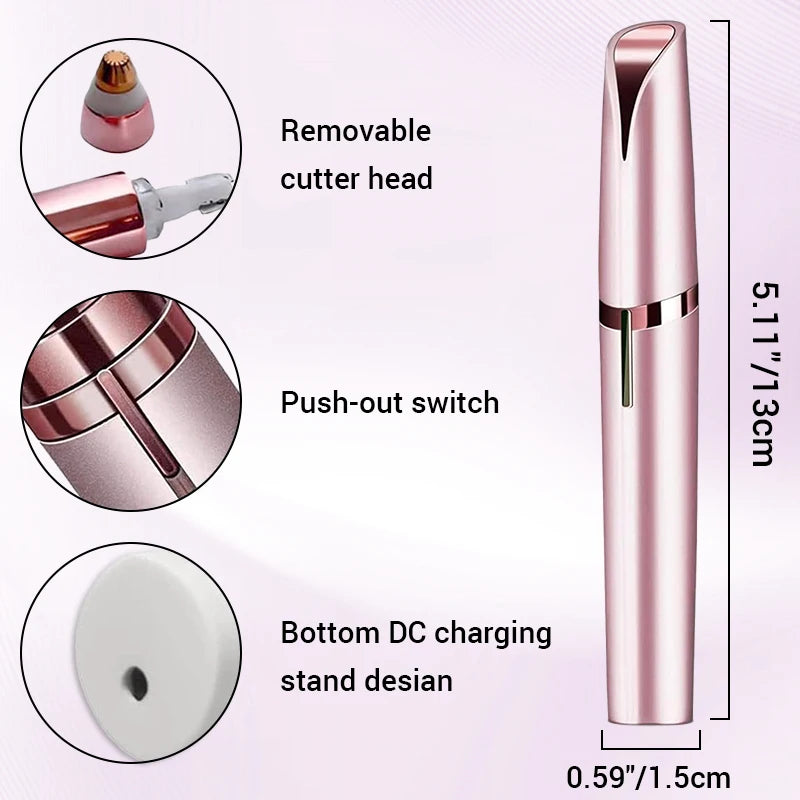 A pink precision electric eyebrow trimmer featuring a removable cutter head, push-out switch, and bottom DC charging stand de