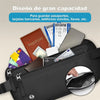Bolsa de dinero antirrobo delgada y negra con bloqueo RFID, abierta mostrando documentos y tarjetas