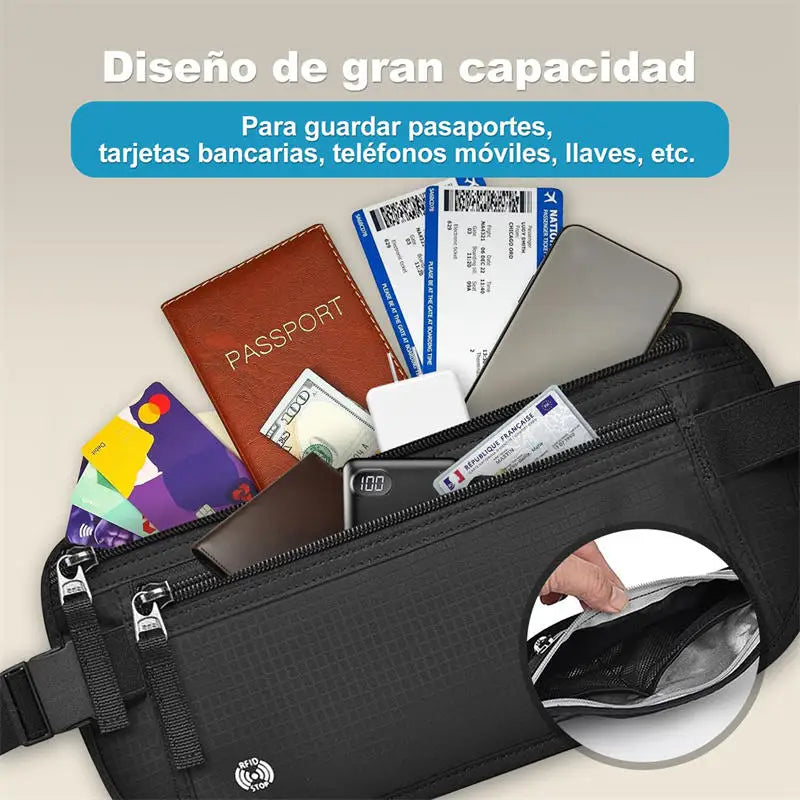 Bolsa de dinero antirrobo delgada y negra con bloqueo RFID, abierta mostrando documentos y tarjetas