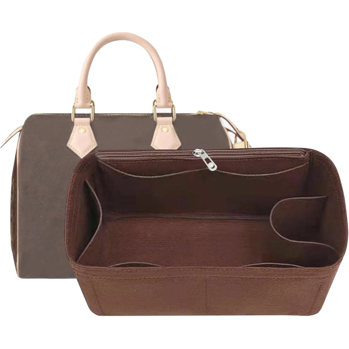 A brown felt purse organizer insert with a light tan handle is shown.