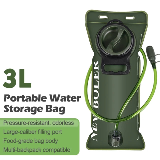 A green portable water storage bag with a black valve and hose, designed for hydration.