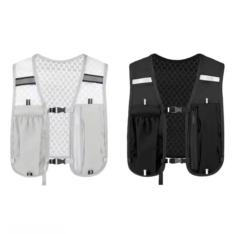 A black and white running and cycling hydration vest backpack shown from the front.