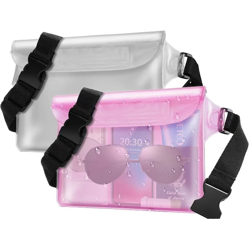 A pink waterproof pouch designed to protect a mobile phone, shown with a black strap.