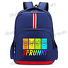 A dark blue backpack featuring a colorful cartoon graphic with the word SPRUNKI