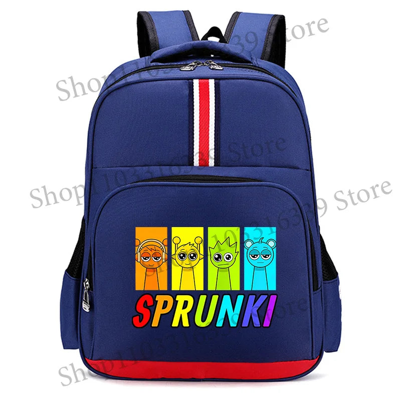 A dark blue backpack featuring a colorful cartoon graphic with the word SPRUNKI