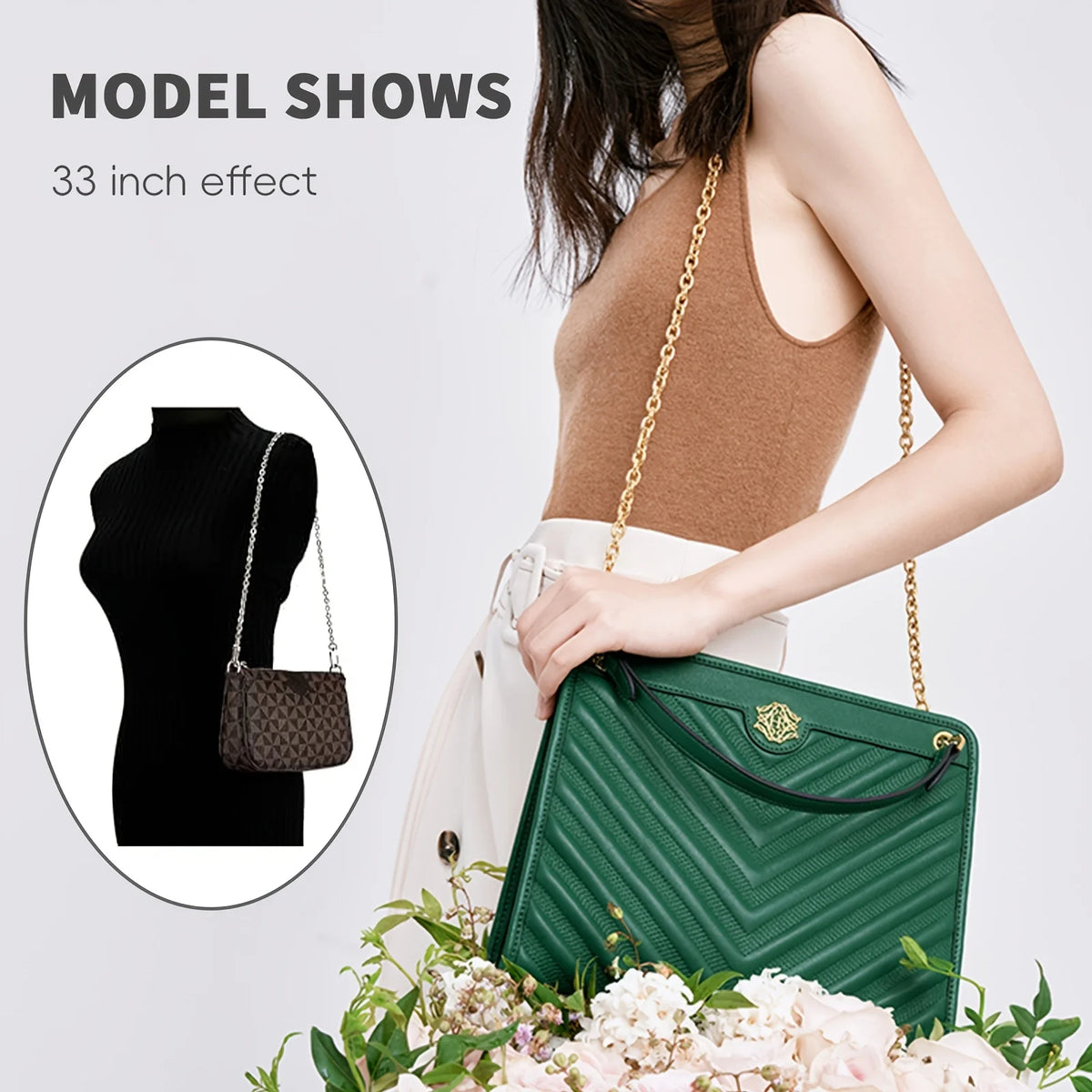 Una modelo sostiene un bolso acolchado verde con correa de cadena dorada, junto a una silueta negra.