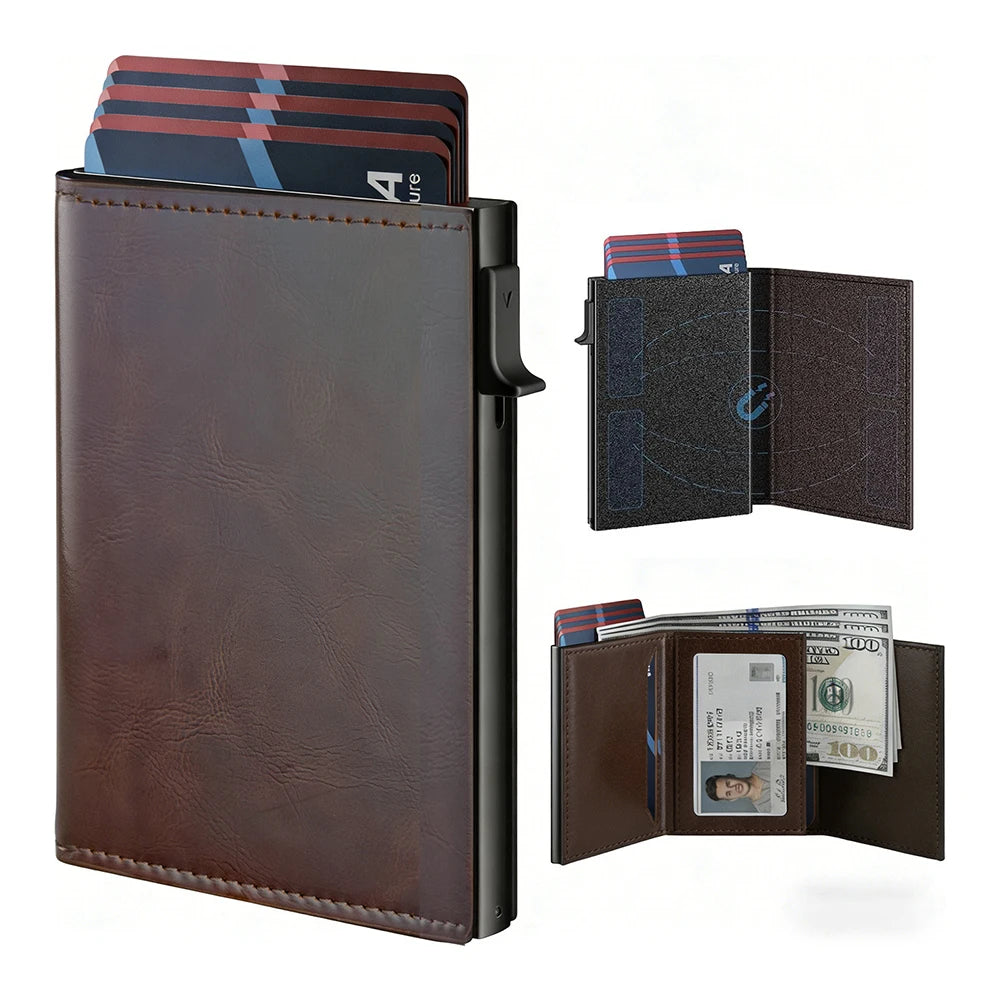 A dark brown leather minimalist magnetic card holder wallet with several cards visible.