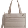 Beige, kastenförmige Tasche mit Henkel und Außentaschen von vorne