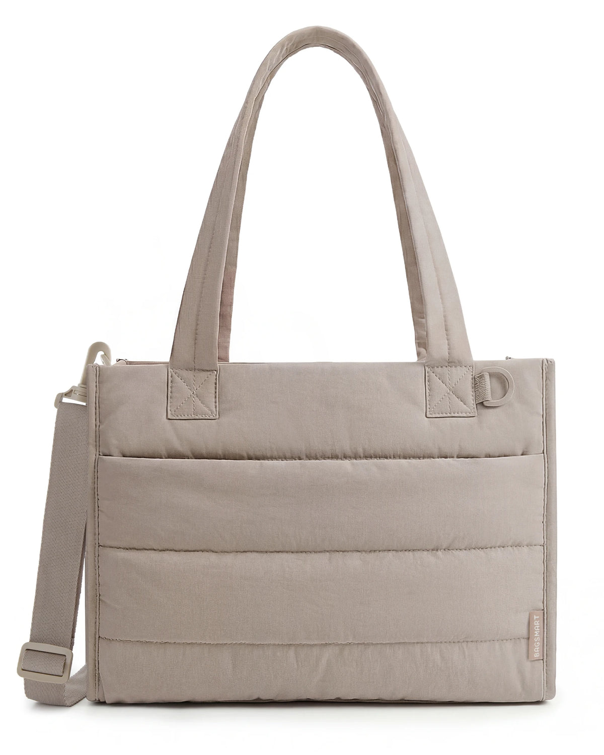 Beige, kastenförmige Tasche mit Henkel und Außentaschen von vorne