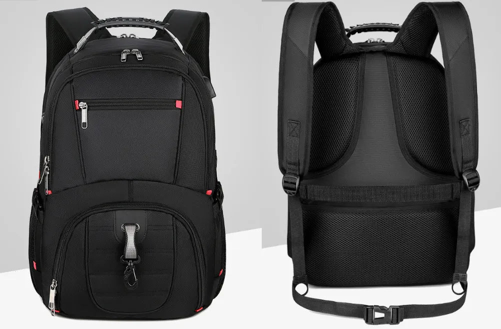 Mochila de viaje grande para hombre suizo negro, vista desde atrás