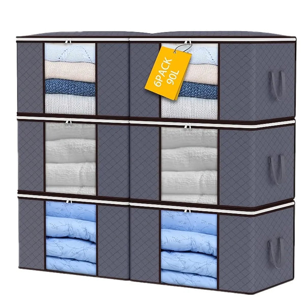 A set of six gray foldable storage bags for clothing and bedding, stacked horizontally.