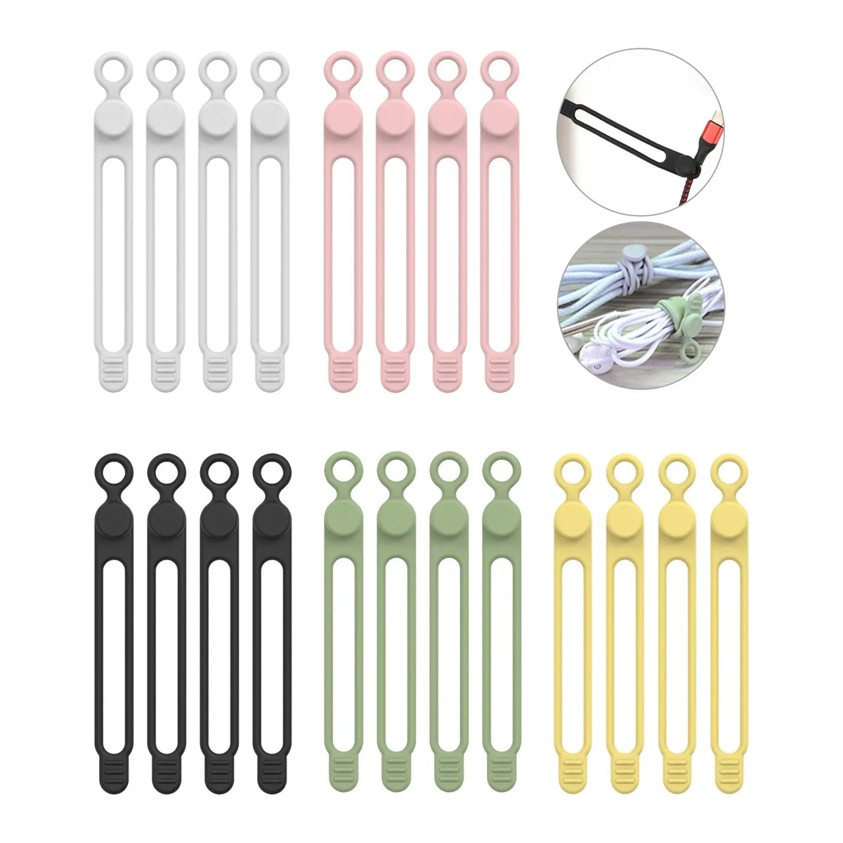 A collection of silicone cable ties and cord organizers in various colors including pink, white, black, and olive green.