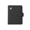 A black leather RFID-blocking travel passport organizer with a logo embossed on the cover.
