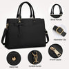 Black premium PU leather laptop tote bag with a sturdy handle and adjustable clip features