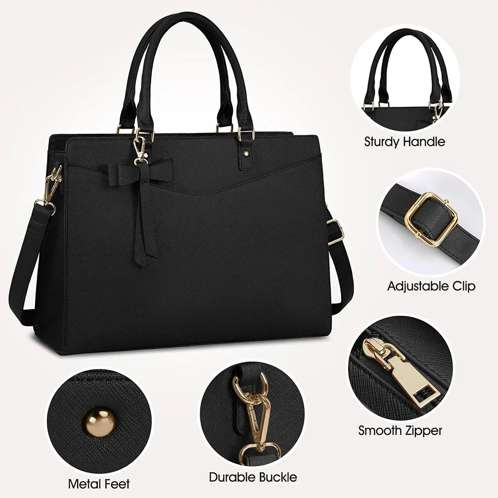 Black premium PU leather laptop tote bag with a sturdy handle and adjustable clip features