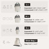 A set of six expandable compression packing cubes in black and white, showing various sizes and dimensions.