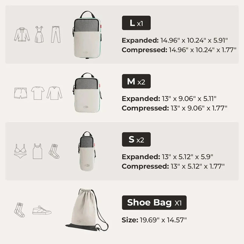 A set of six expandable compression packing cubes in black and white, showing various sizes and dimensions.
