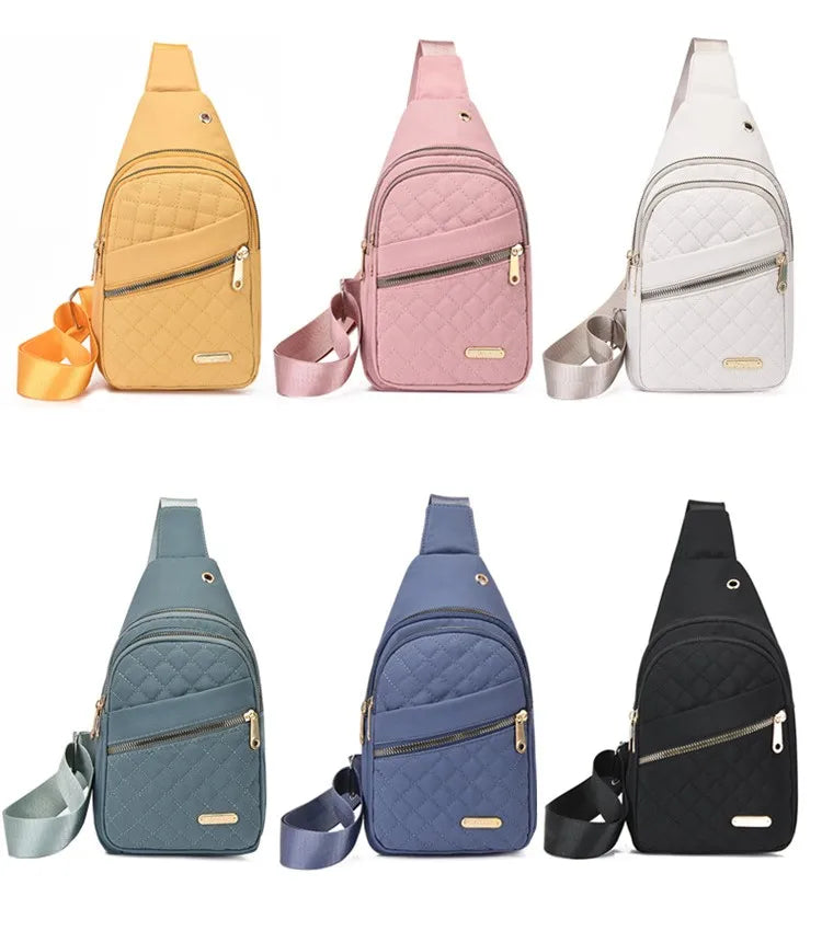 Ein Set von fünf Damen-wasserdichten Crossbody-Sling-Taschen in Pastell- und dunklen Tönen.