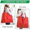 Red reusable grocery tote bags shown in carrying methods: Over Arm and Single Shoulder.