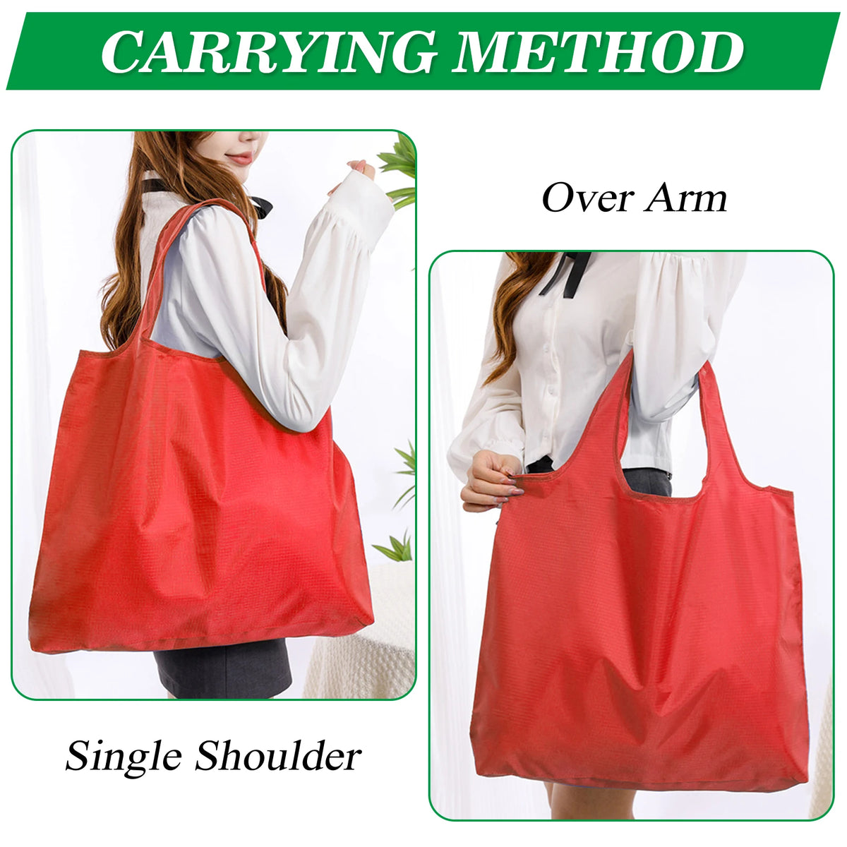 Red reusable grocery tote bags shown in carrying methods: Over Arm and Single Shoulder.