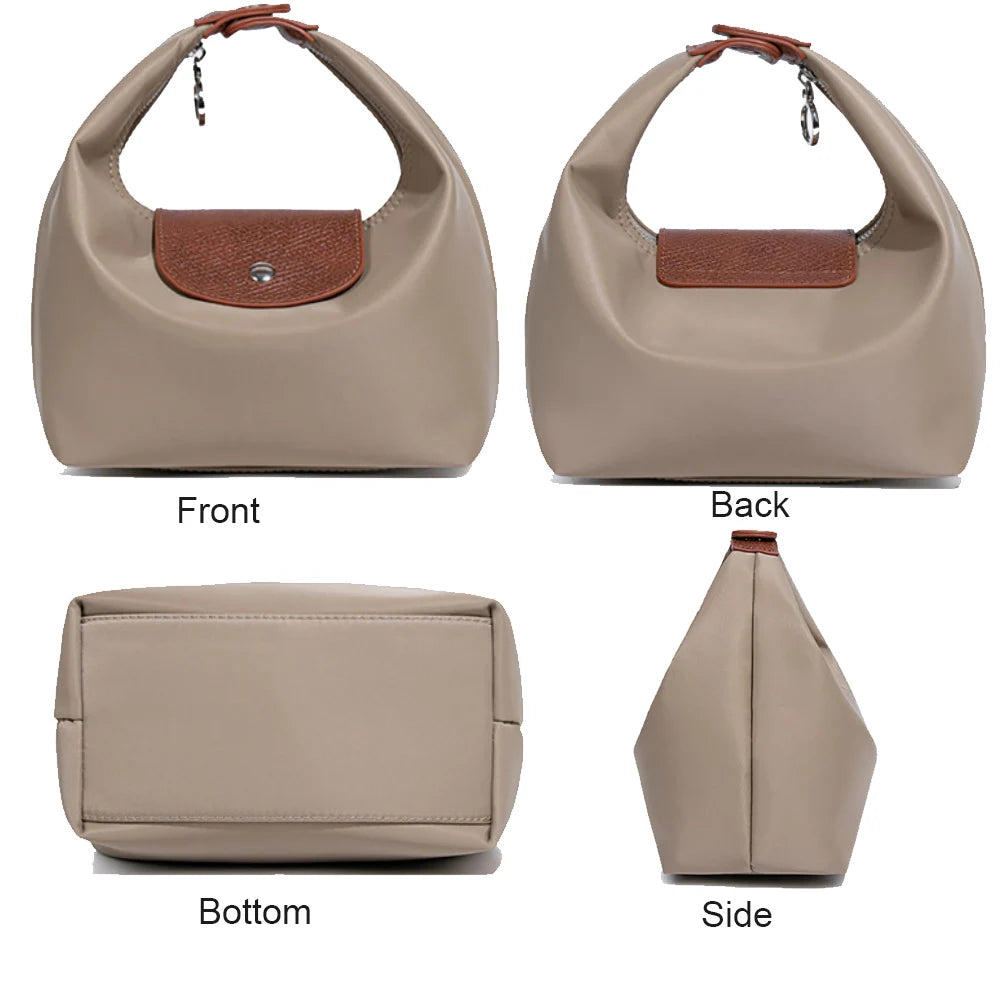 A waterproof nylon crossbody bag shown from the front, back, bottom, and side views.