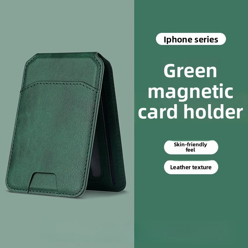 Support magnétique vert en cuir pour iPhone, avec une texture douce et agréable à la peau.