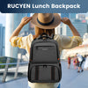 A woman wearing a straw hat is holding a gray RUCYEN lunch backpack in front of a modern city background.