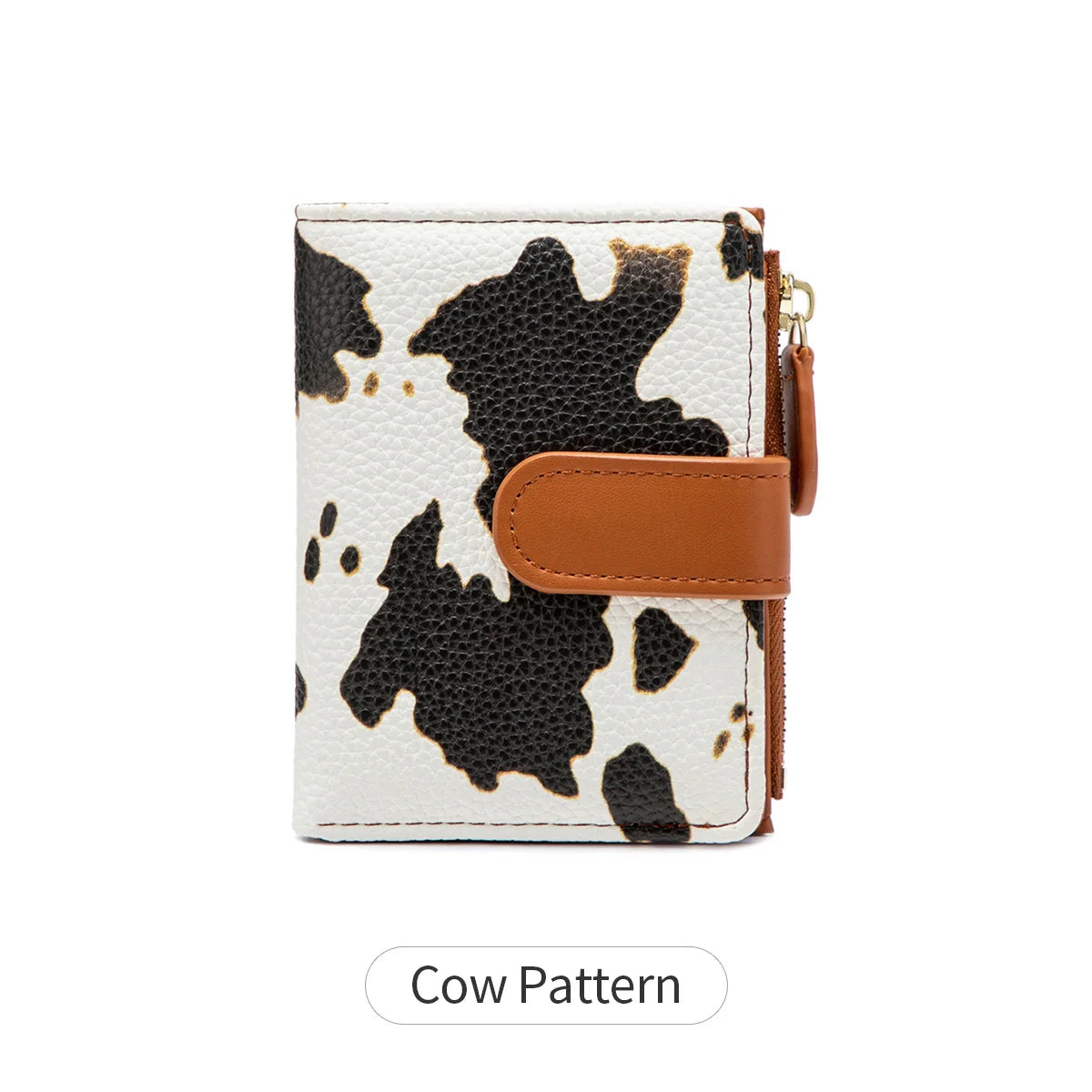 A white and black cow pattern minimalist PU leather bi-fold wallet with a brown leather flap.