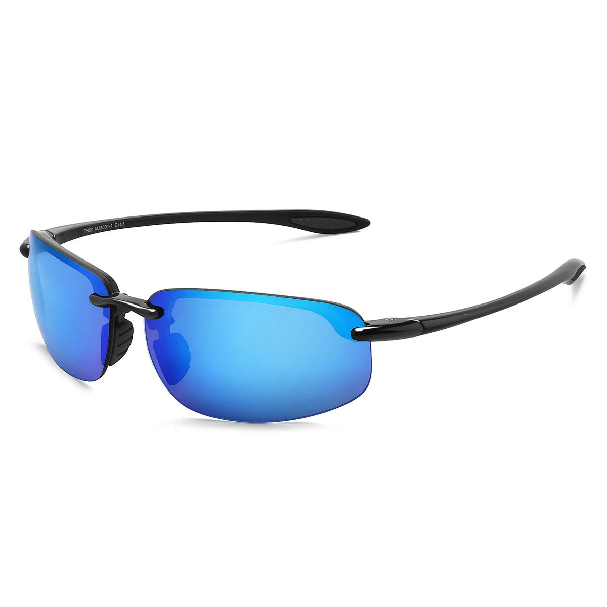 Rimless polarized sports sunglasses with blue mirrored lenses and black frames