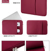 A set of wine red laptop sleeves and accessories including a front view, side view, capacity view, and inside view.