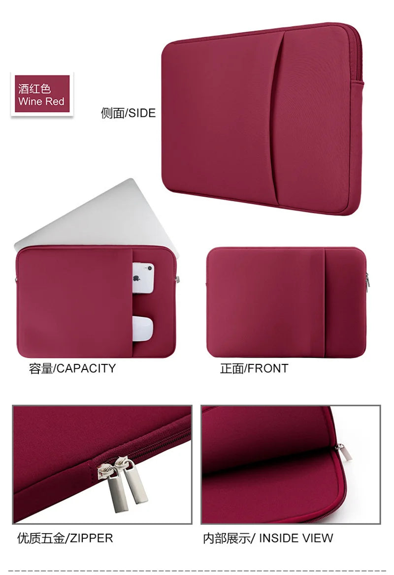 A set of wine red laptop sleeves and accessories including a front view, side view, capacity view, and inside view.