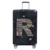 A black stretch fabric luggage protection cover with silver handles and wheels.