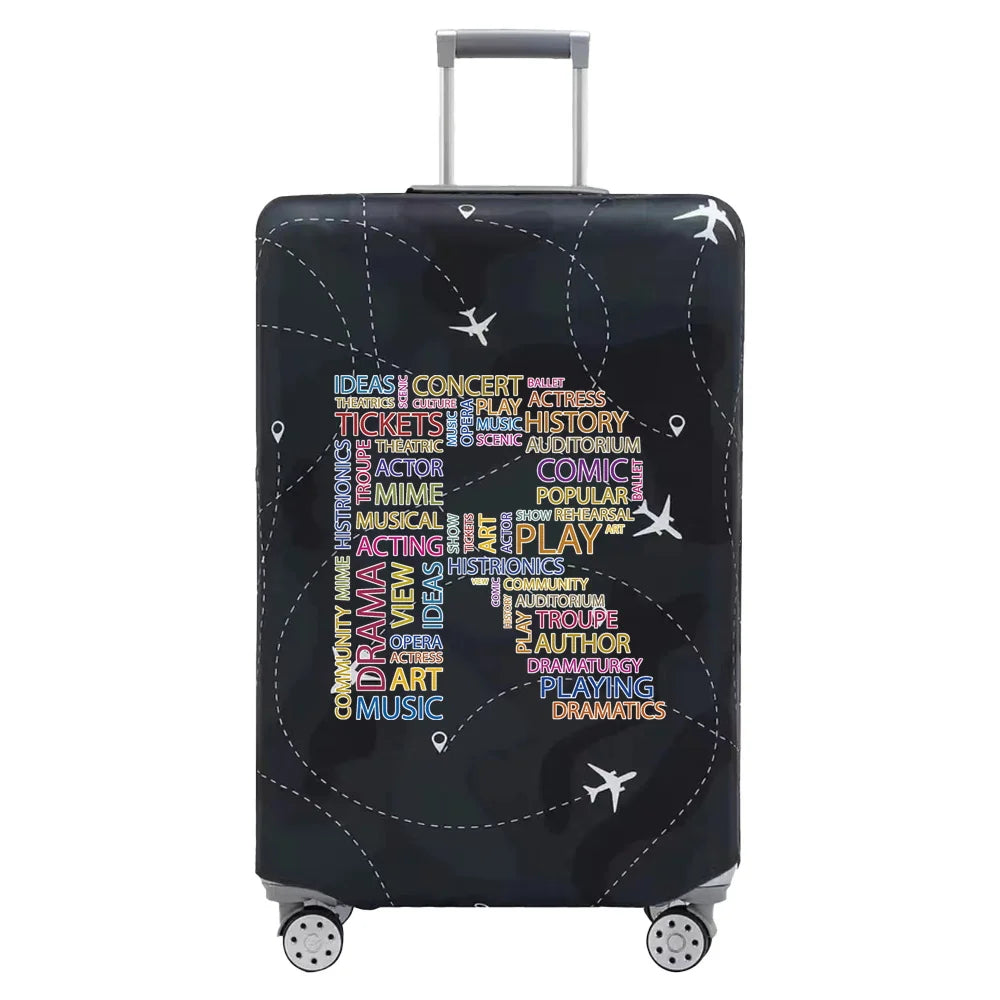 A black stretch fabric luggage protection cover with silver handles and wheels.