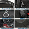 Close-up view of a black travel backpack showing features like a rugged handle, durable metal zippers, headphone port, USB po